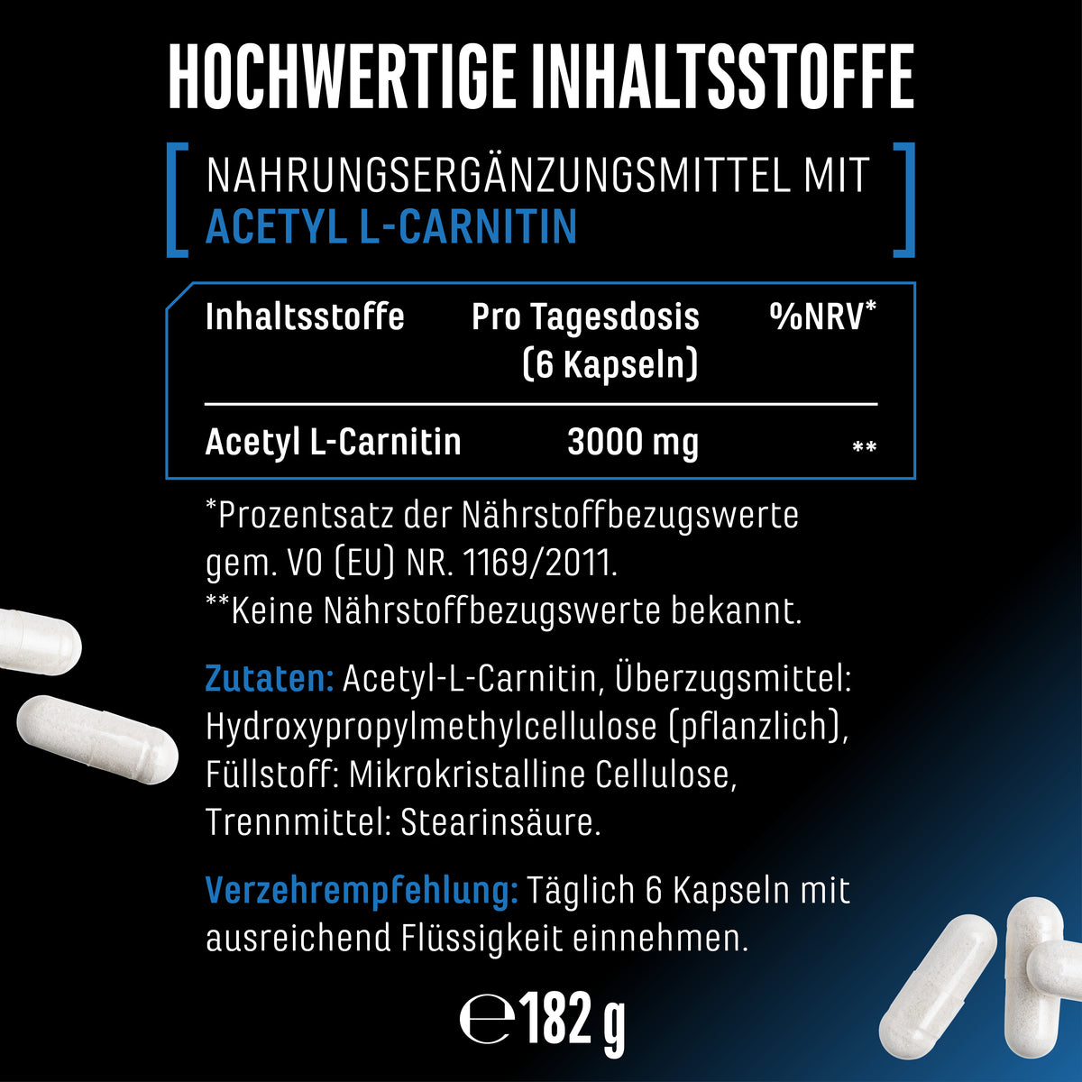 Dosis Acetyl L-Carnitin Verpackung; Text im Bild: Zutaten, 3000 mg/6 Kapseln, Anwendungshinweise, 182 g.