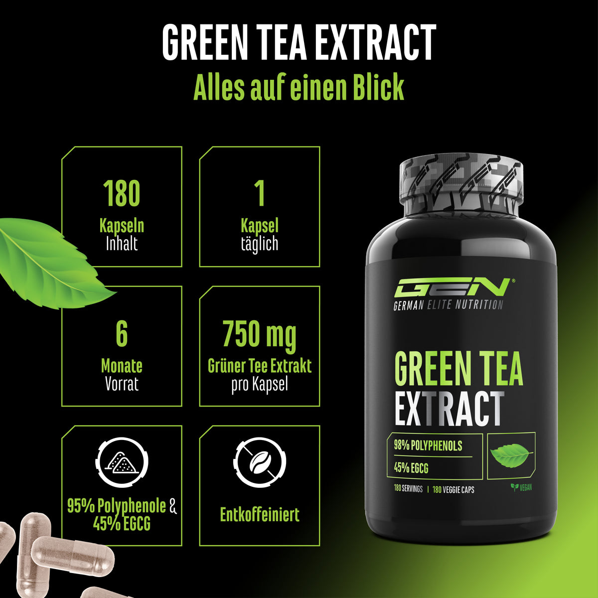 Flasche mit der Aufschrift "German Elite Nutrition Green Tea Extract" neben einem Stapel grüner Kapseln; der Text im Bild enthält Produktdetails.