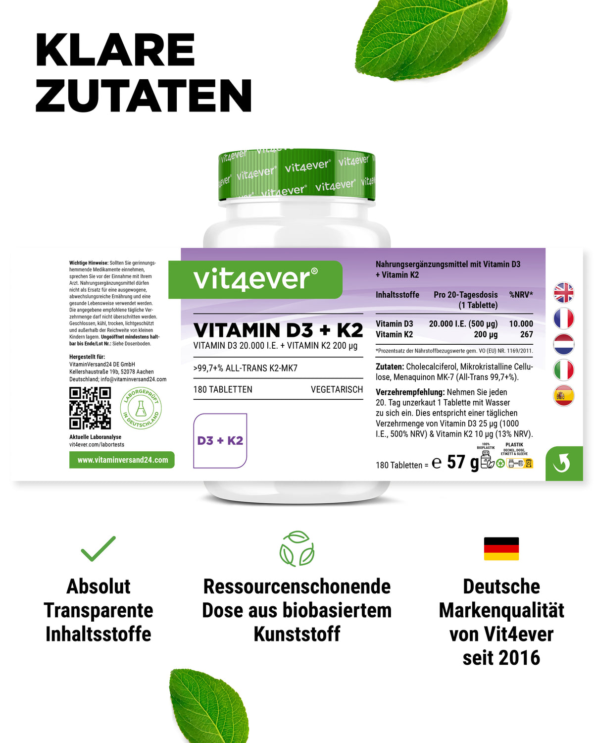 Vitamina D3 20.000 UI + Vitamina K2 200 mcg