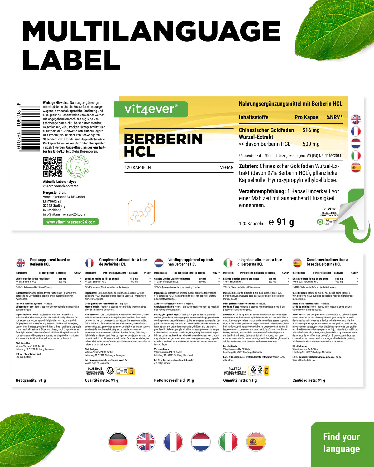 Berberine HCL - 500 mg