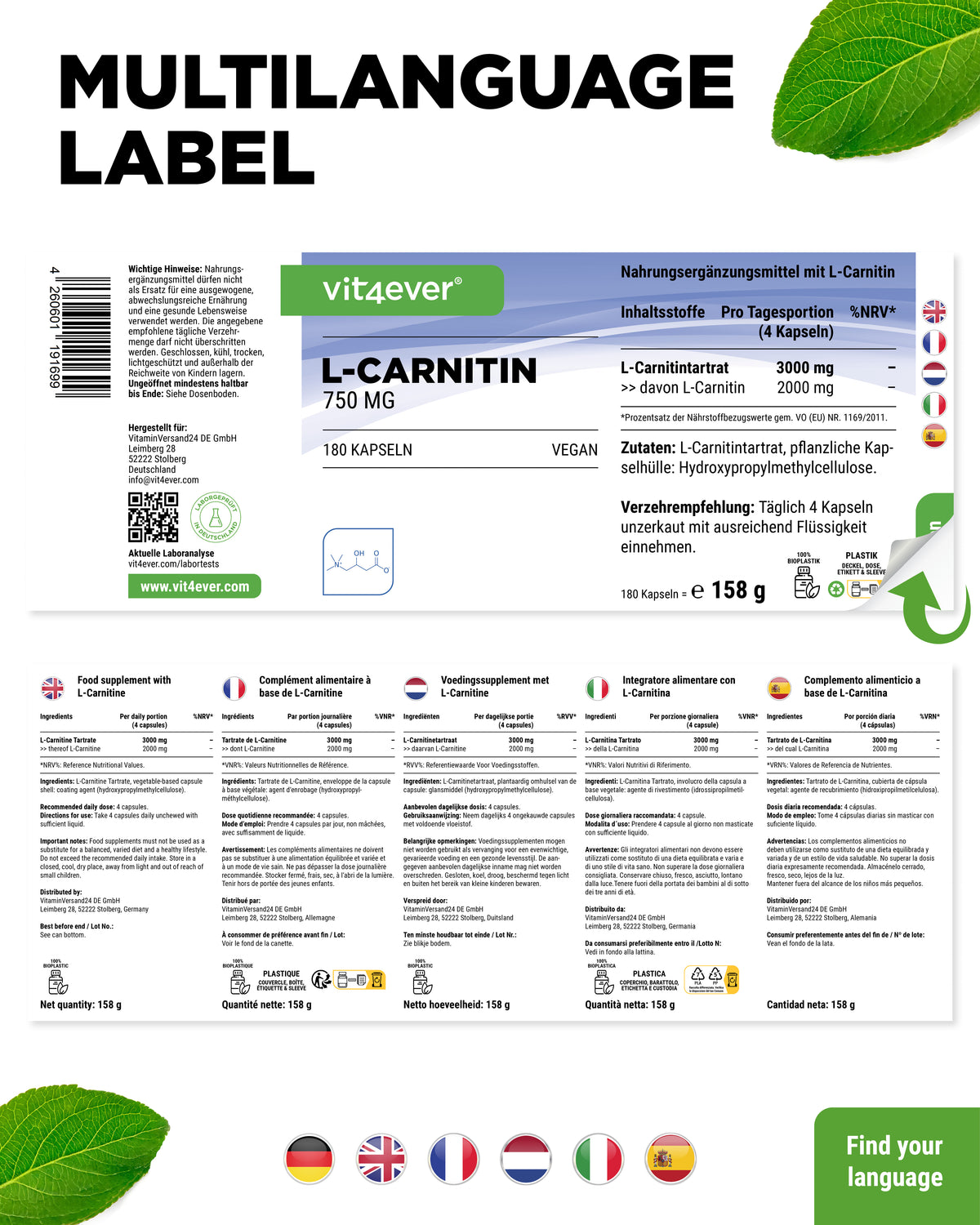 L-Carnitin - 180 vegane Kapseln, 100% L-Carnitin Tartrat ohne Zusätze