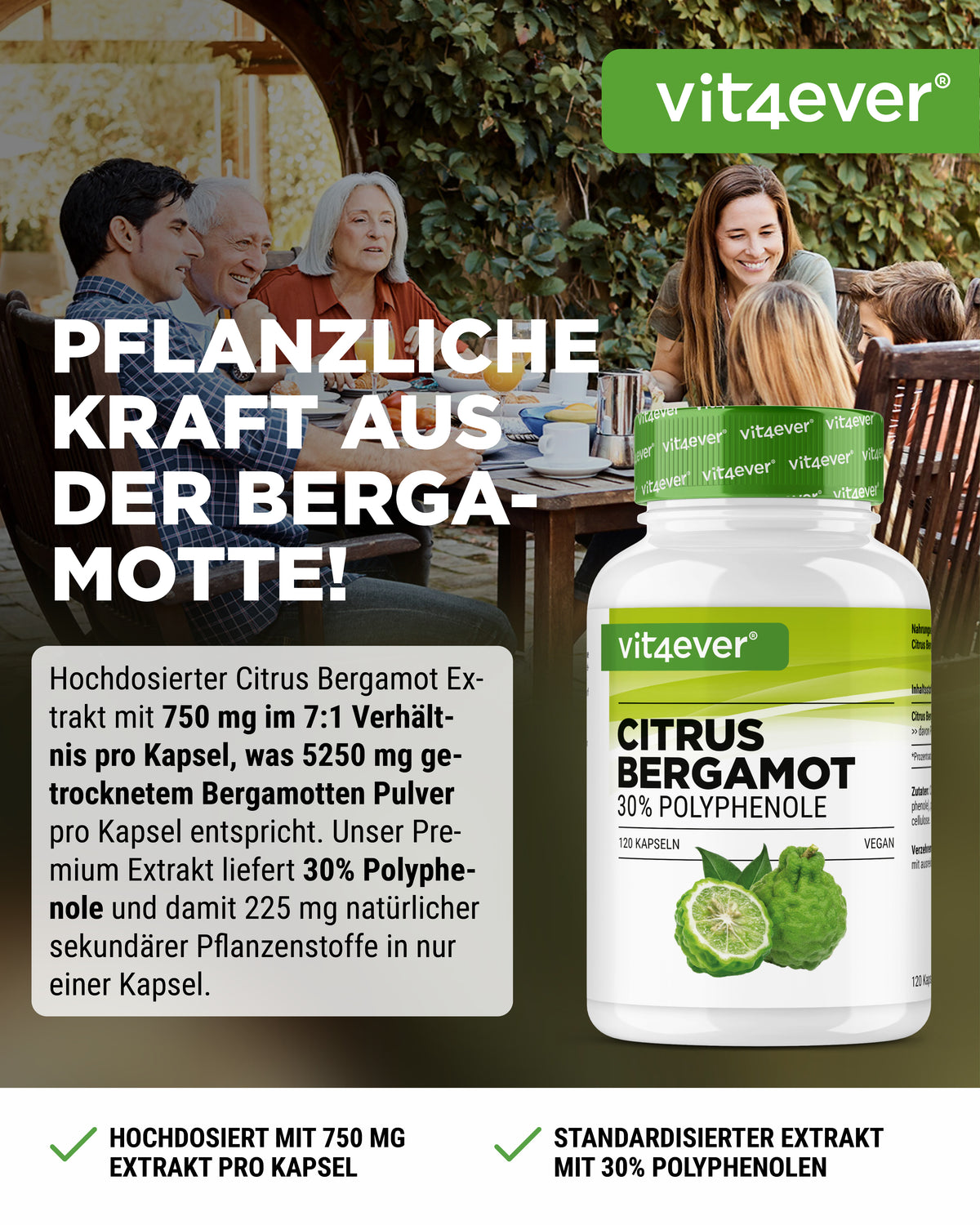 Bergamota Cítrica, 30 % polifenoles - 120 cápsulas