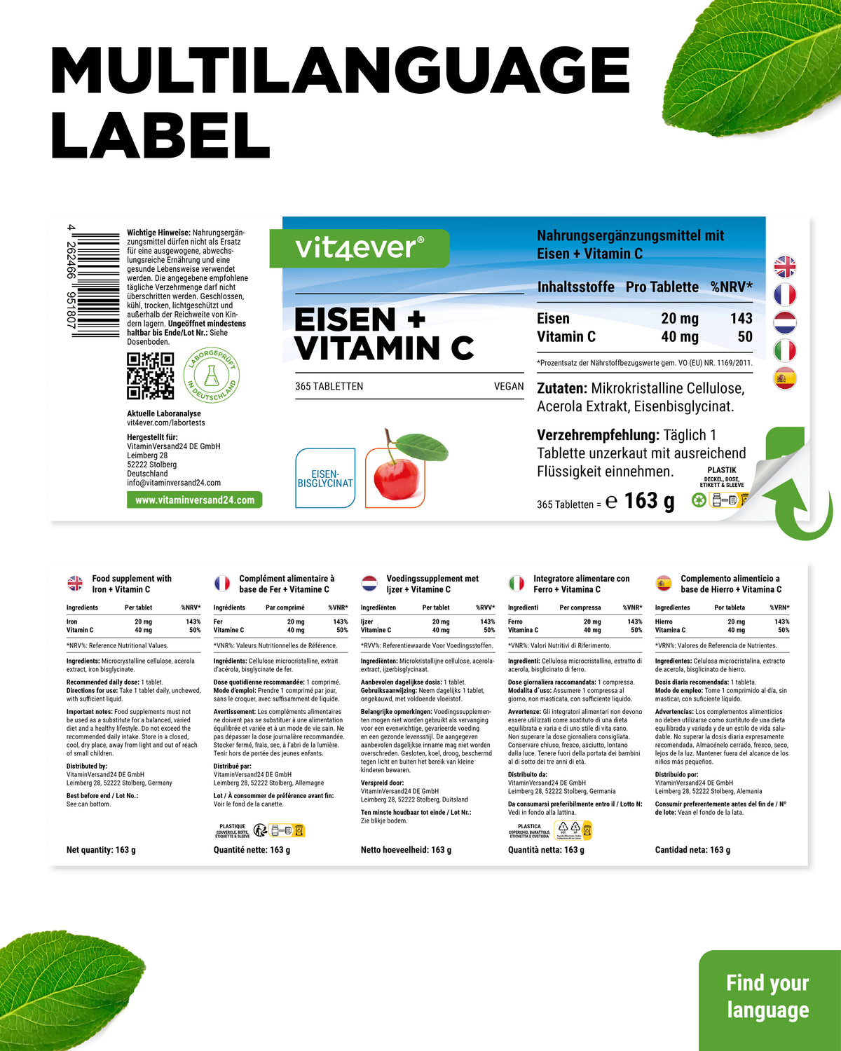 Żelazo + Witamina C - Żelazo Bisglicinianowe - 365 Tabletek