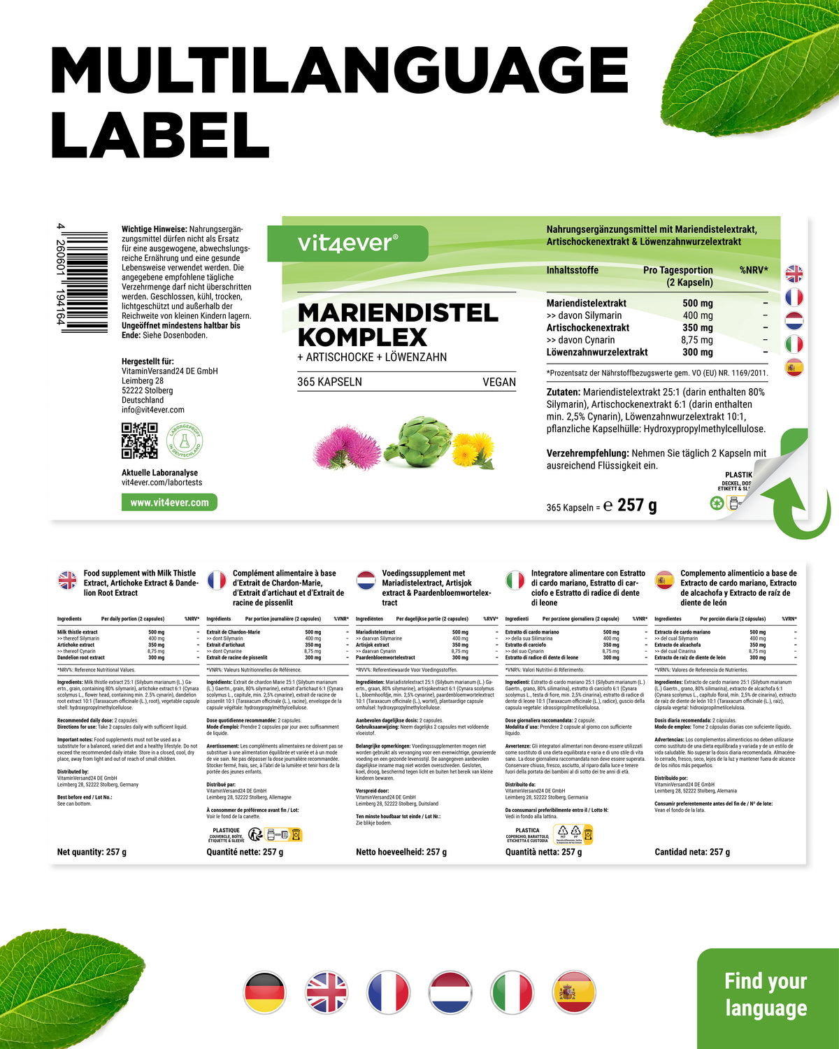 Mariendistel Artischocken Löwenzahn Komplex - 365 Kapseln