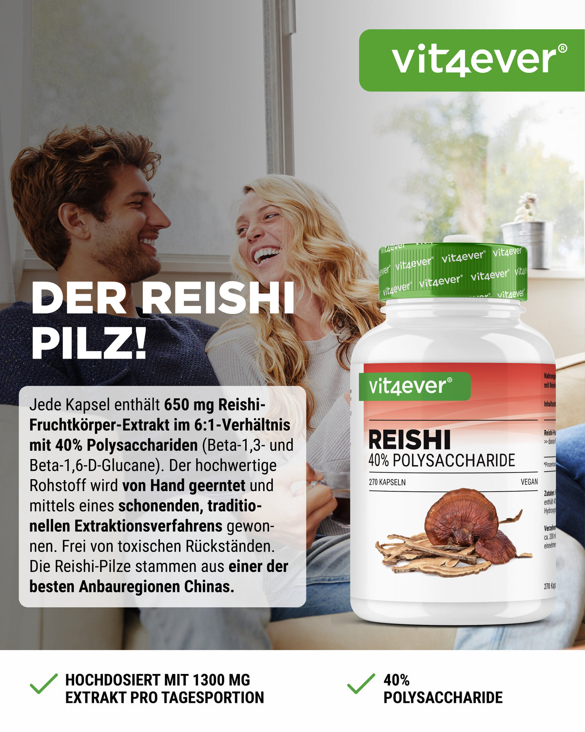 Reishi Intenso Pilz - 650 mg Extrakt - 40% bioaktive Polysaccharide