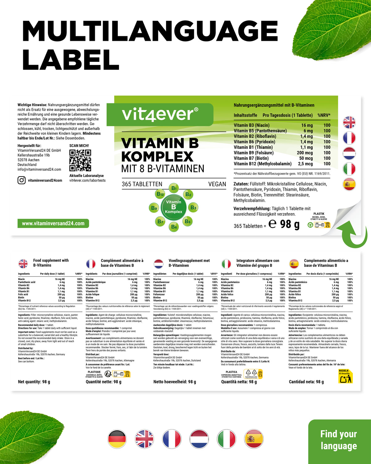 Complesso Vitamina B - 8 vitamine B - 365 compresse