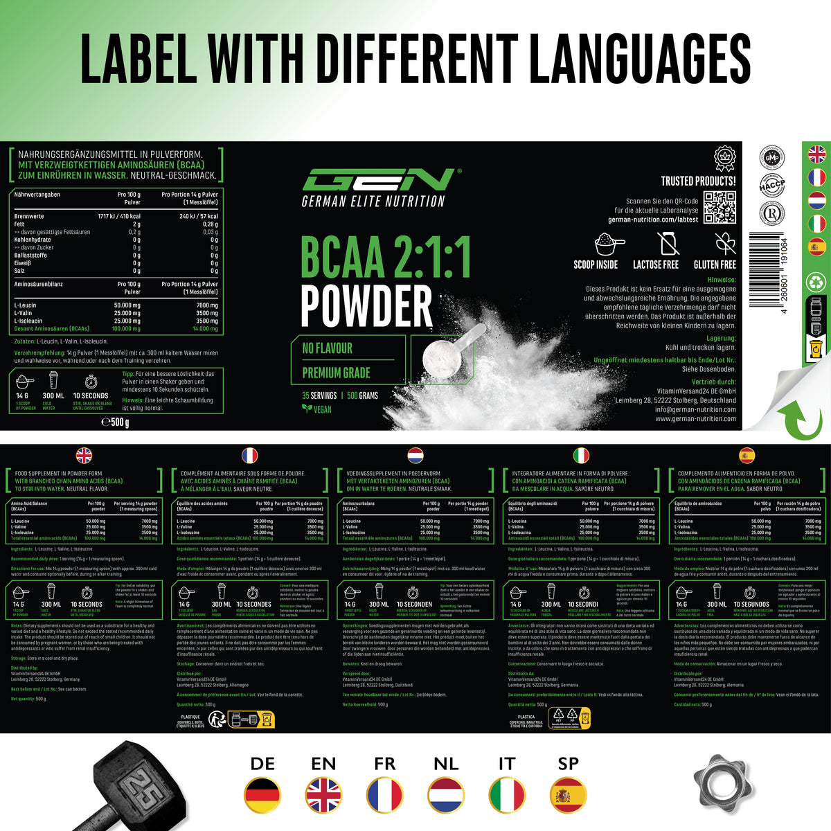 GEN BCAA 2:1:1 Powder - Neutral, 500 g