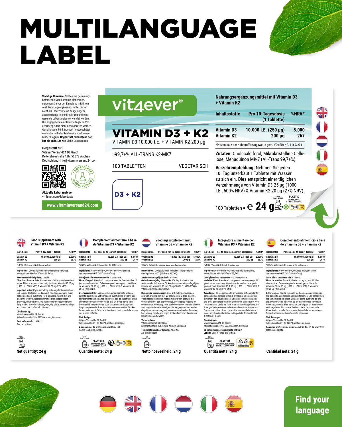 Vitamina D3 10.000 UI + Vitamina K2 200 mcg