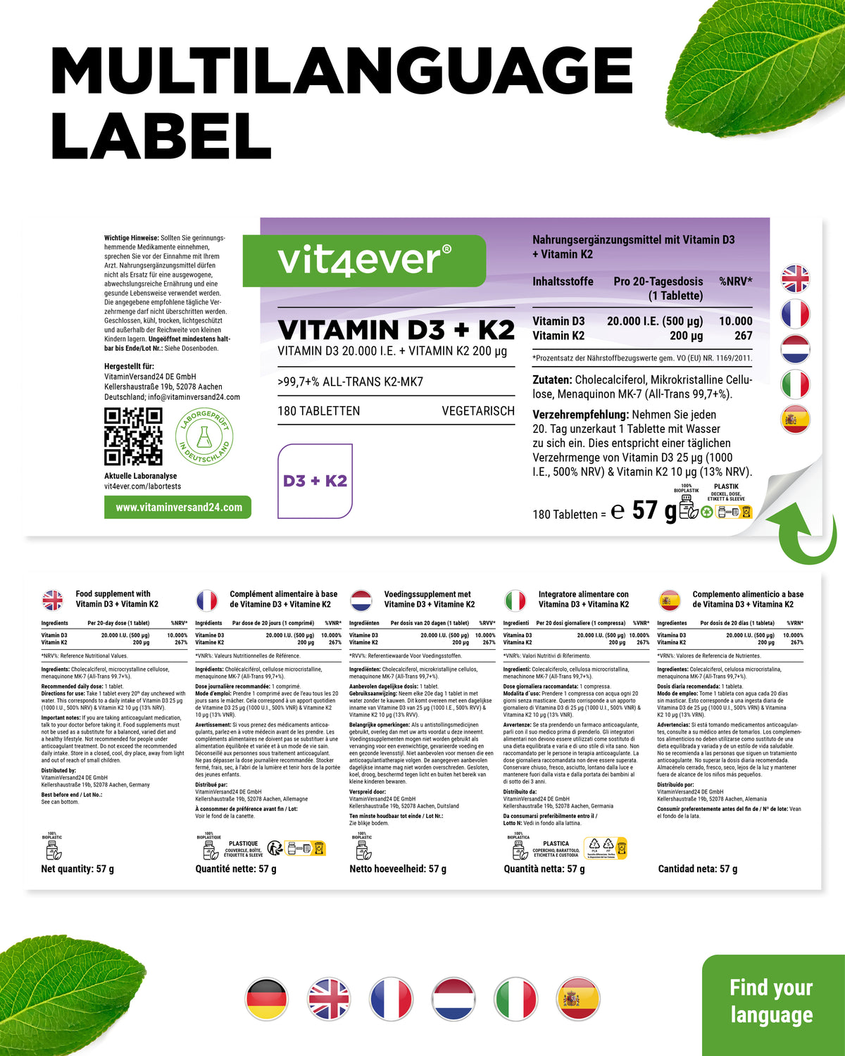 Vitamina D3 20.000 UI + Vitamina K2 200 mcg