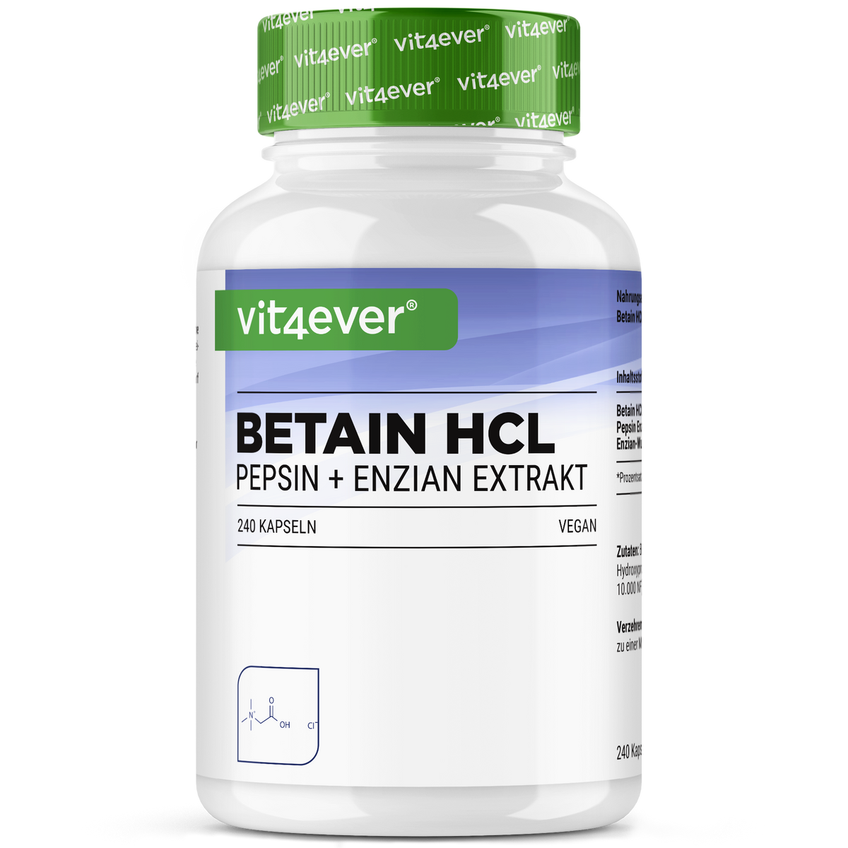 Betain HCL, 240 Kapseln á 695mg mit Pepsin + Enzian Extrakt