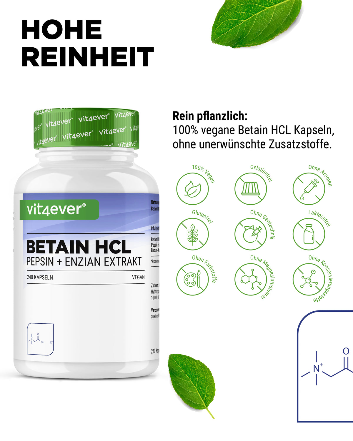 Betaine HCl, 240 capsules of 695mg with Pepsin + Gentian Extract