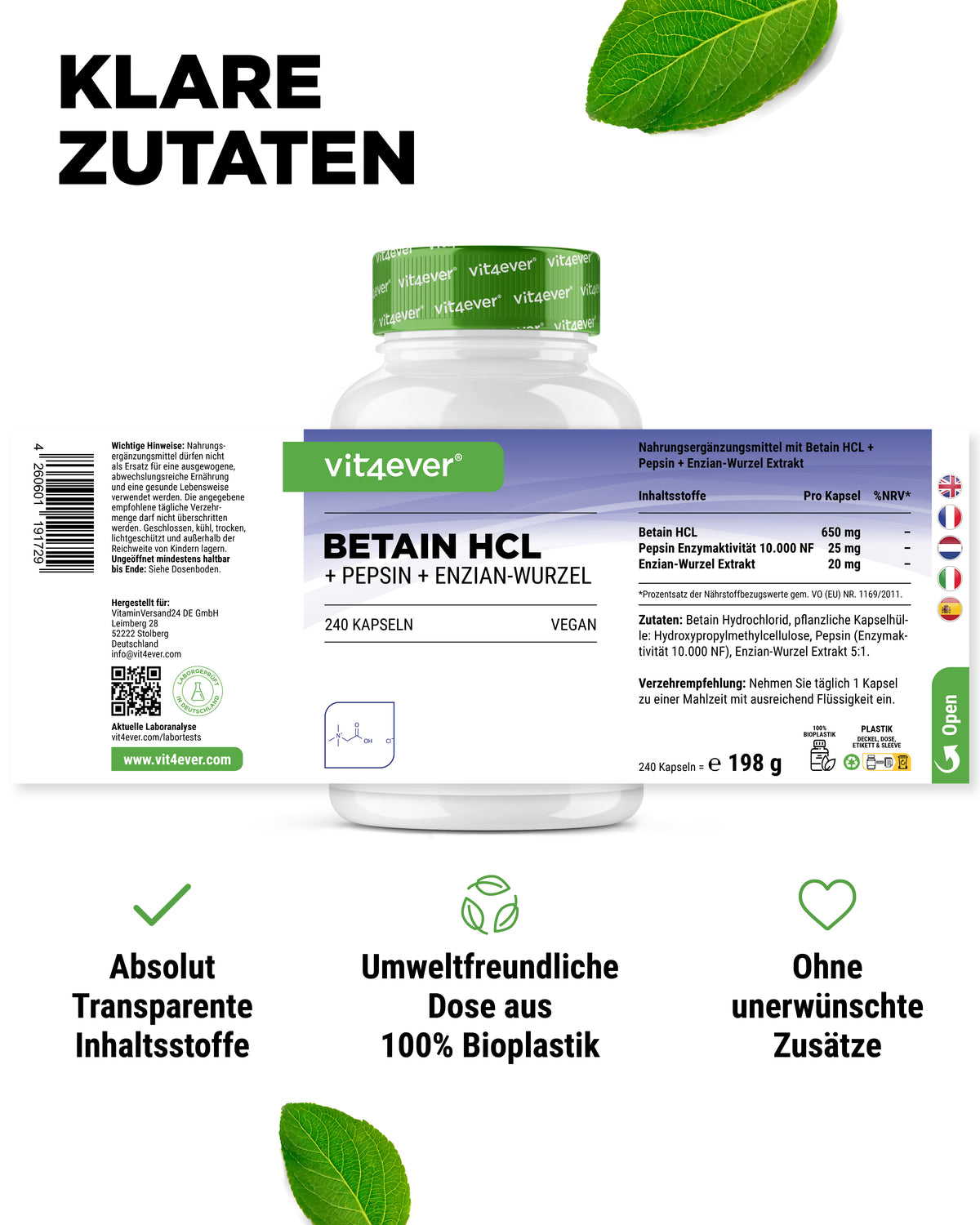 Betaine HCl, 240 capsules of 695mg with Pepsin + Gentian Extract