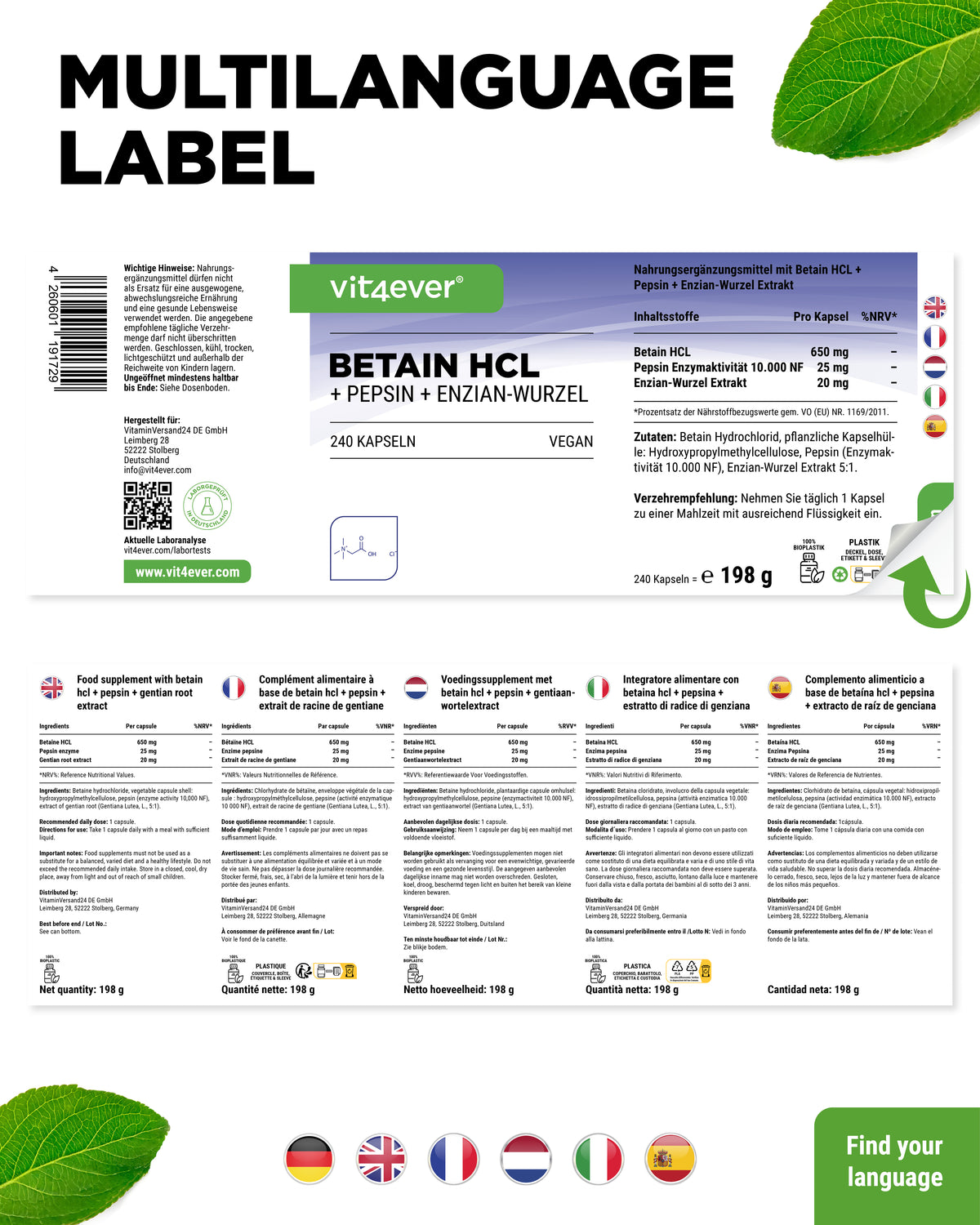 Betaine HCl, 240 capsules of 695mg with Pepsin + Gentian Extract