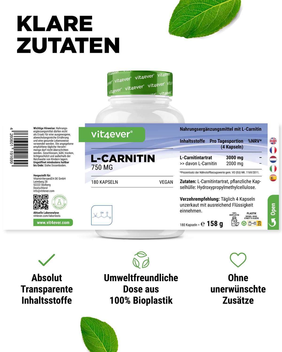 L-Carnitin - 180 vegane Kapseln, 100% L-Carnitin Tartrat ohne Zusätze
