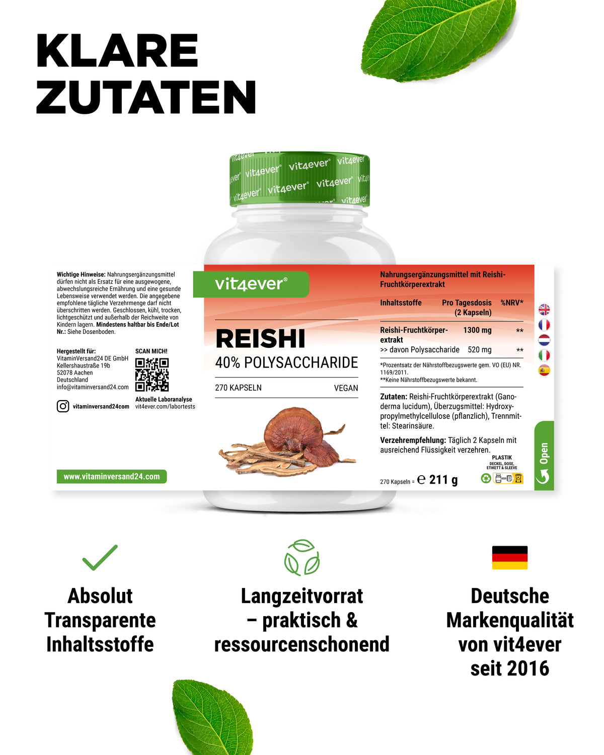 Reishi Intenso Hongo - 650 mg de extracto - 40 % de polisacáridos bioactivos