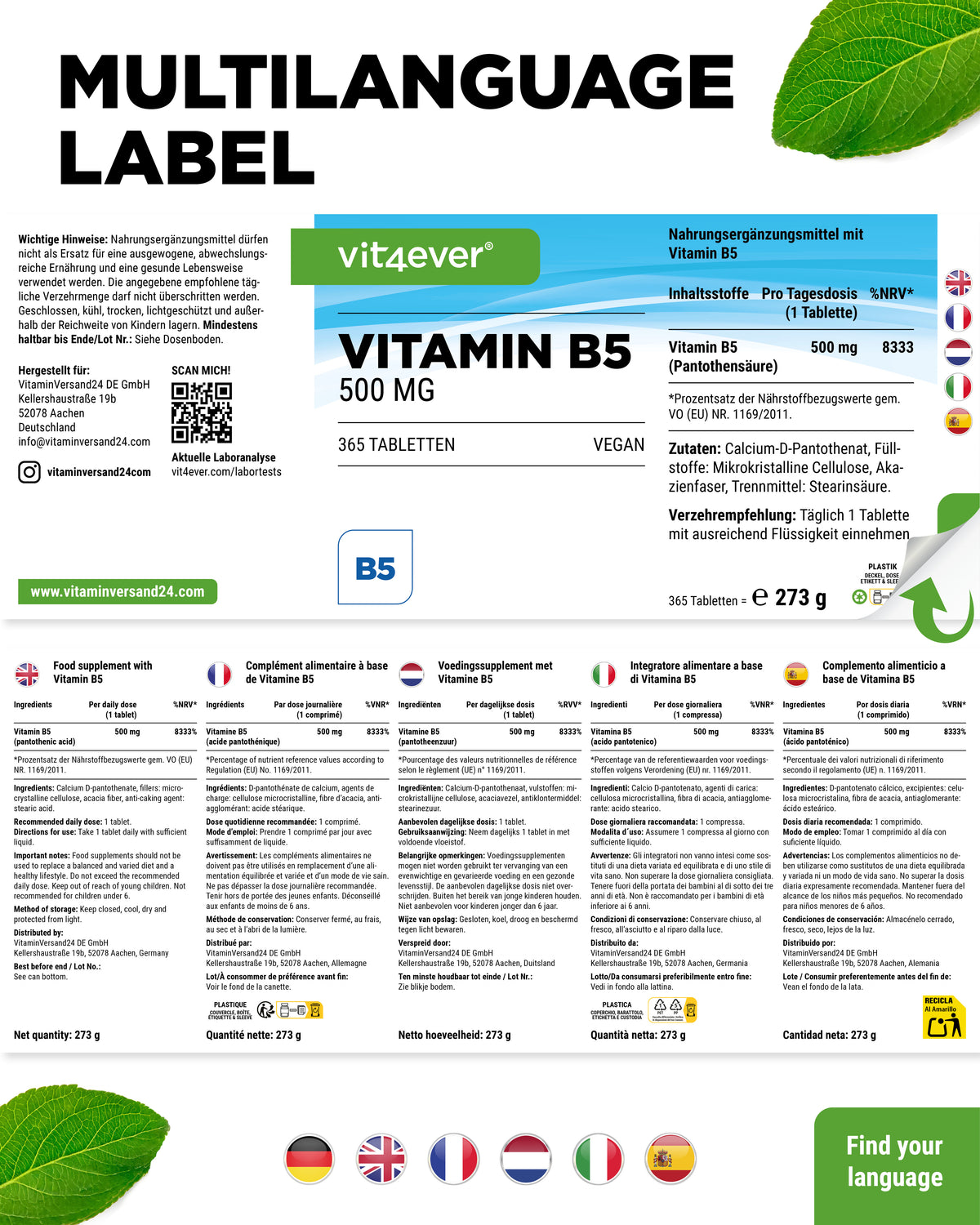 Vitamina B5 ácido pantoténico 500 mg